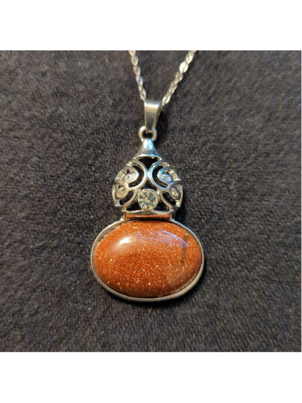 Silver Tone Brown Goldstone Gemstone Pendant Statement Necklace
